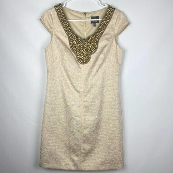 Adrianna Papell Dress Womens Size 4 Beige Short Sleeve V-neck Beaded Dress - Picture 2 of 10